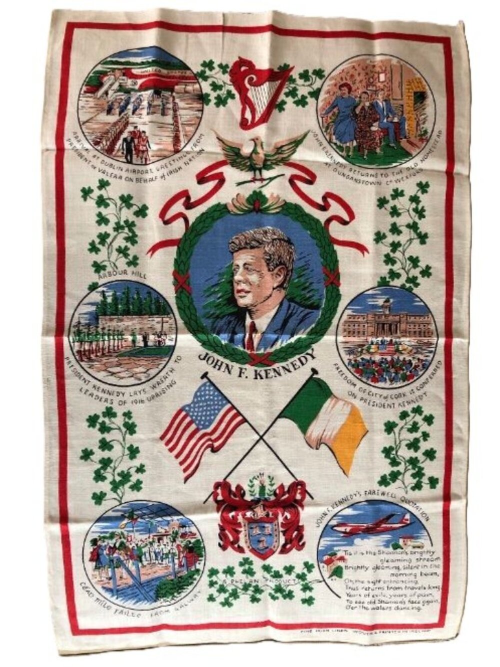 Vintage JFK Irish Linen Commemorative Tea Towel 100% Irish Linen